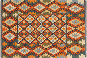 Flat Weave Kilim, Antique, Navaho, Vintage, Handmade, Geometric Kilim Blue Rust Hand-Woven Rectangle 100% Wool Area Rug 4 x 5